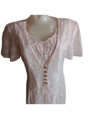True Vintage Dress 10 Dawn Joy Fashions Chantilly Lace Pink Padded Shoulders